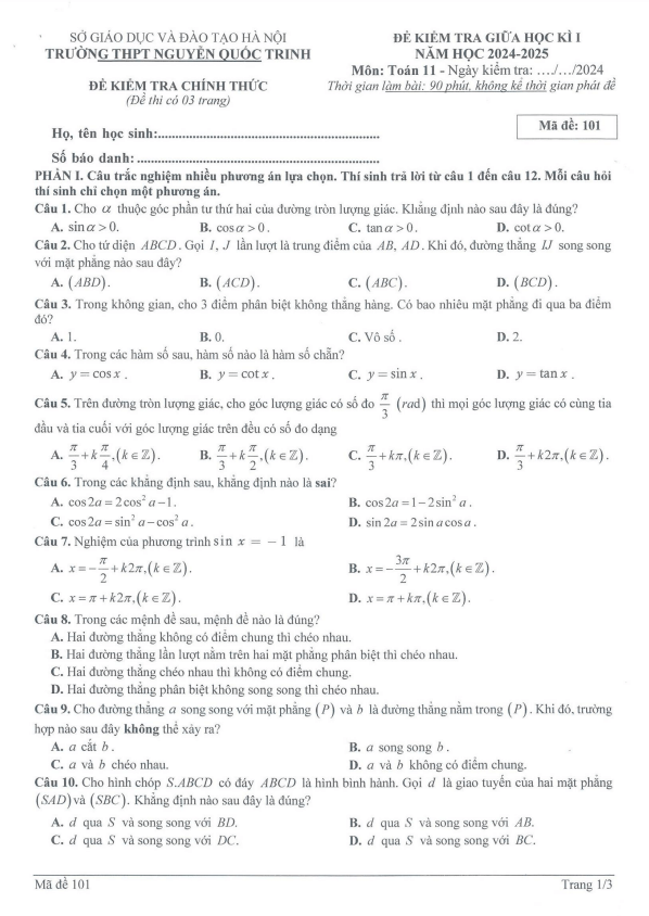 đề giữa kì 1 toán 11 năm 2024 – 2025 trường thpt nguyễn quốc trinh – hà nội