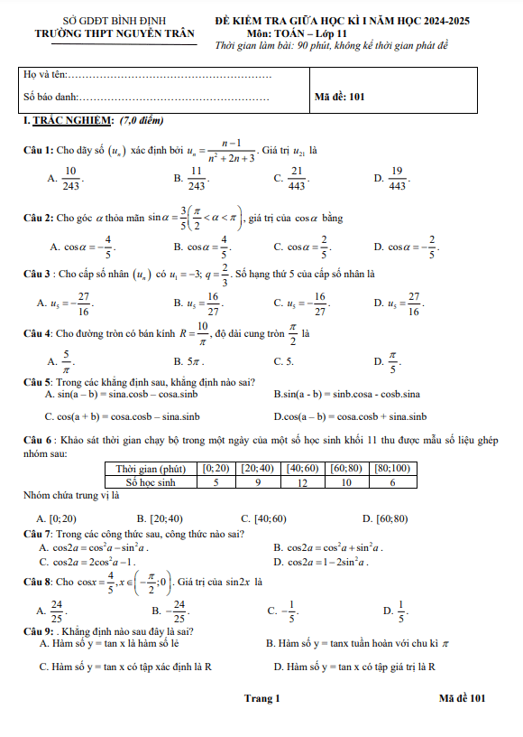 đề giữa kì 1 toán 11 năm 2024 – 2025 trường thpt nguyễn trân – bình định