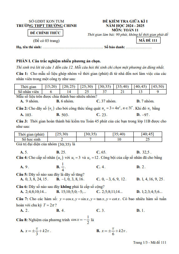 đề giữa kì 1 toán 11 năm 2024 – 2025 trường thpt trường chinh – kon tum