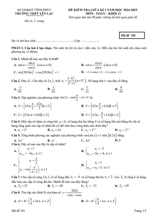 đề giữa kì 1 toán 11 năm 2024 – 2025 trường thpt yên lạc – vĩnh phúc