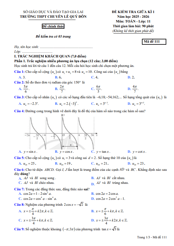 đề giữa kì 1 toán 11 năm 2025 – 2026 trường thpt chuyên lê quý đôn – gia lai