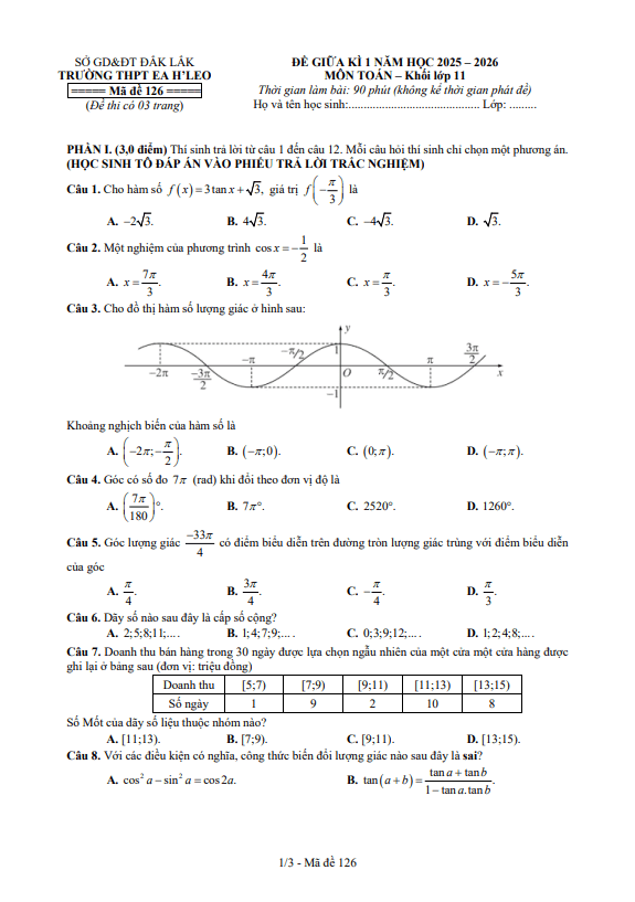 đề giữa kì 1 toán 11 năm 2025 – 2026 trường thpt ea h’leo – đắk lắk