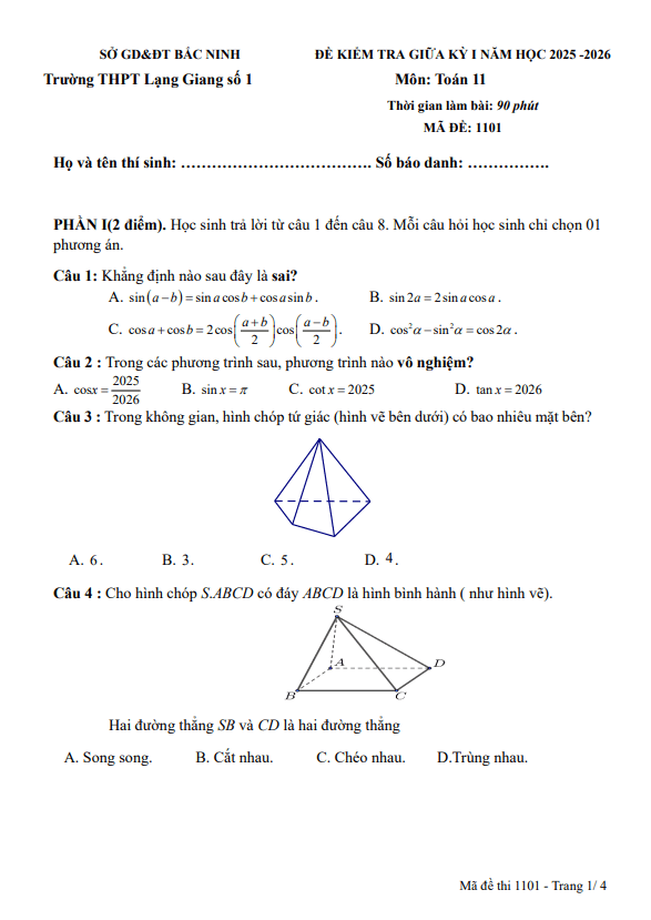 đề giữa kì 1 toán 11 năm 2025 – 2026 trường thpt lạng giang 1 – bắc ninh