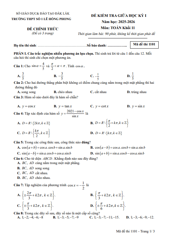 đề giữa kì 1 toán 11 năm 2025 – 2026 trường thpt lê hồng phong 1 – đắk lắk