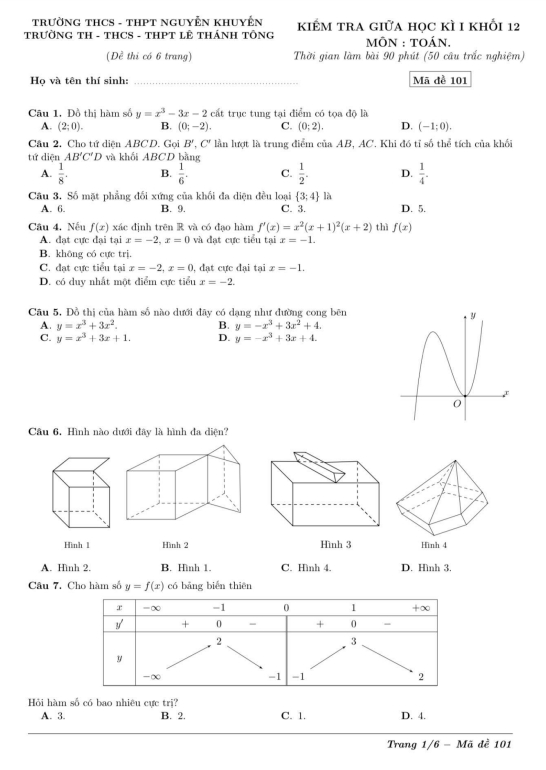 đề giữa kì 1 toán 12 năm 2022 – 2023 trường nguyễn khuyến & lê thánh tông – tp hcm