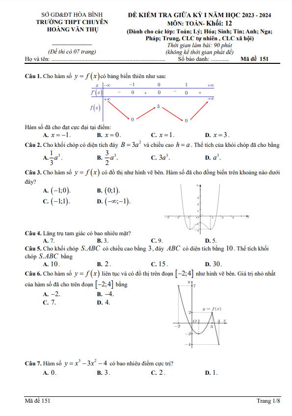 đề giữa kì 1 toán 12 năm 2023 – 2024 trường chuyên hoàng văn thụ – hòa bình