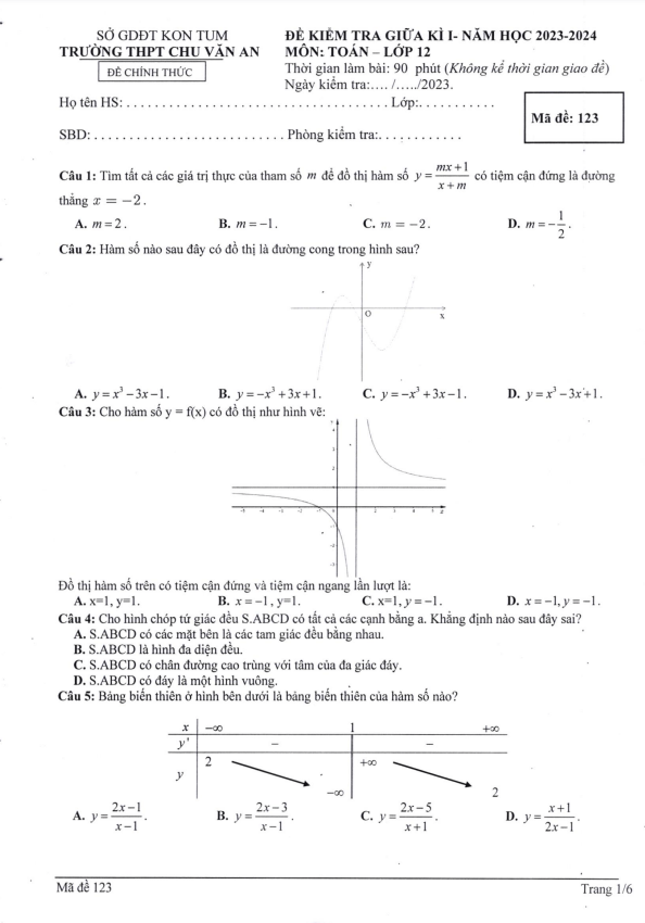 đề giữa kì 1 toán 12 năm 2023 – 2024 trường thpt chu văn an – kon tum