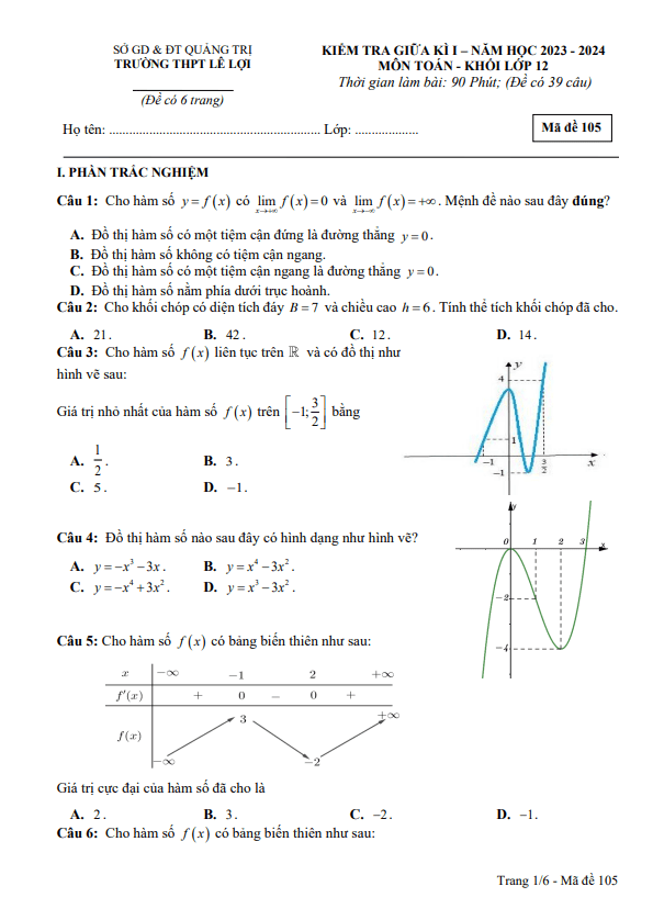 đề giữa kì 1 toán 12 năm 2023 – 2024 trường thpt lê lợi – quảng trị