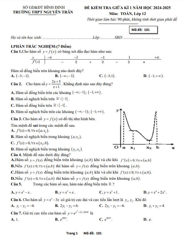 đề giữa kì 1 toán 12 năm 2024 – 2025 trường thpt nguyễn trân – bình định
