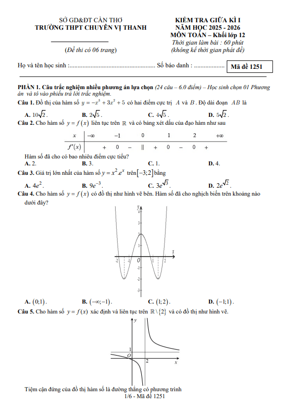 đề giữa kì 1 toán 12 năm 2025 – 2026 trường thpt chuyên vị thanh – cần thơ