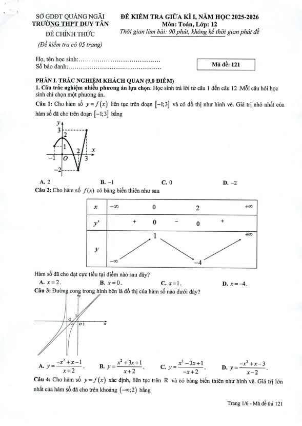 đề giữa kì 1 toán 12 năm 2025 – 2026 trường thpt duy tân – quảng ngãi