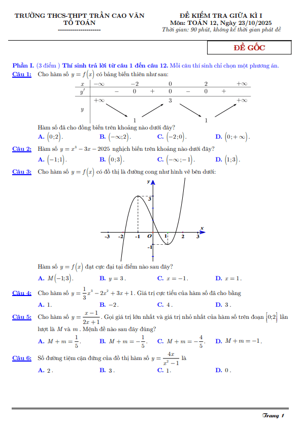 đề giữa kì 1 toán 12 năm 2025 – 2026 trường trần cao vân – tp hcm