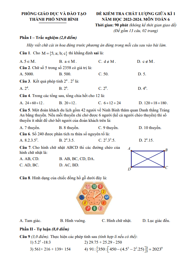 đề giữa kì 1 toán 6 năm 2023 – 2024 phòng gd&đt thành phố ninh bình
