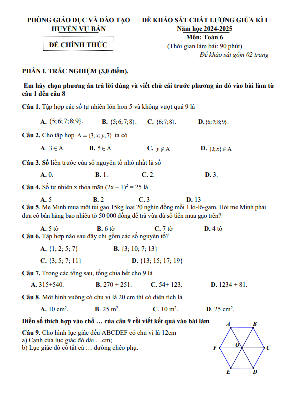 đề giữa kì 1 toán 6 năm 2024 – 2025 phòng gd&đt vụ bản – nam định