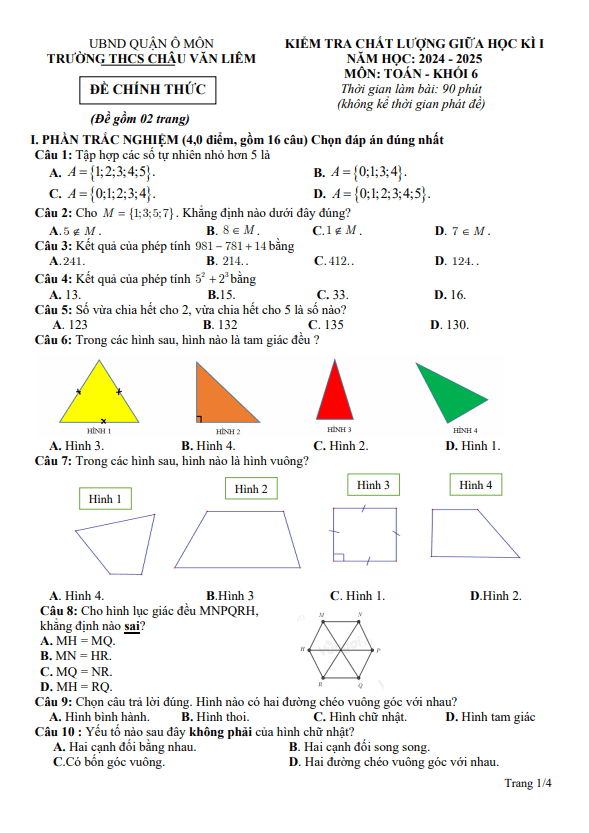đề giữa kì 1 toán 6 năm 2024 – 2025 trường thcs châu văn liêm – cần thơ