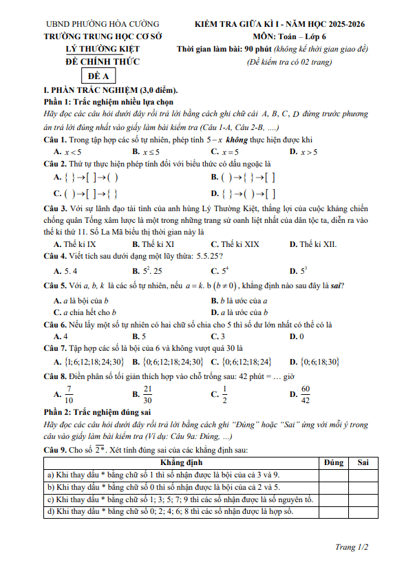 đề giữa kì 1 toán 6 năm 2025 – 2026 trường thcs lý thường kiệt – đà nẵng