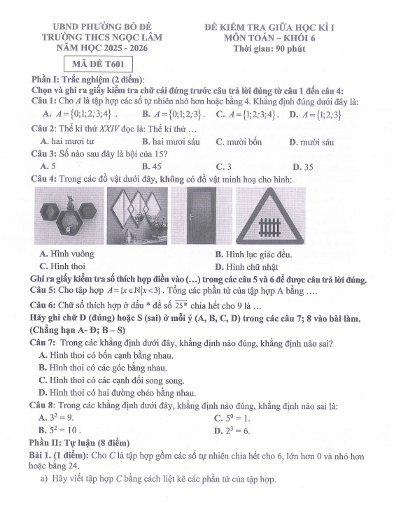 đề giữa kì 1 toán 6 năm 2025 – 2026 trường thcs ngọc lâm – hà nội