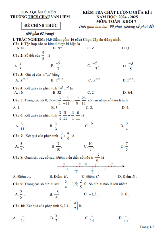 đề giữa kì 1 toán 7 năm 2024 – 2025 trường thcs châu văn liêm – cần thơ