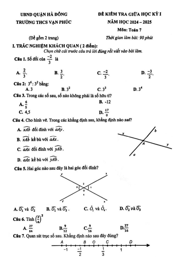 đề giữa kì 1 toán 7 năm 2024 – 2025 trường thcs vạn phúc – hà nội