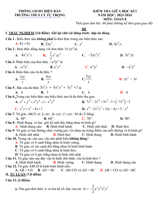 đề giữa kì 1 toán 8 năm 2023 – 2024 trường thcs lý tự trọng – quảng nam