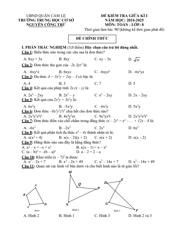 đề giữa kì 1 toán 8 năm 2024 – 2025 trường thcs nguyễn công trứ – đà nẵng