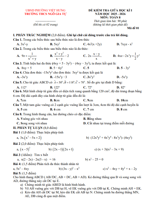 đề giữa kì 1 toán 8 năm 2025 – 2026 trường thcs ngô gia tự – hà nội