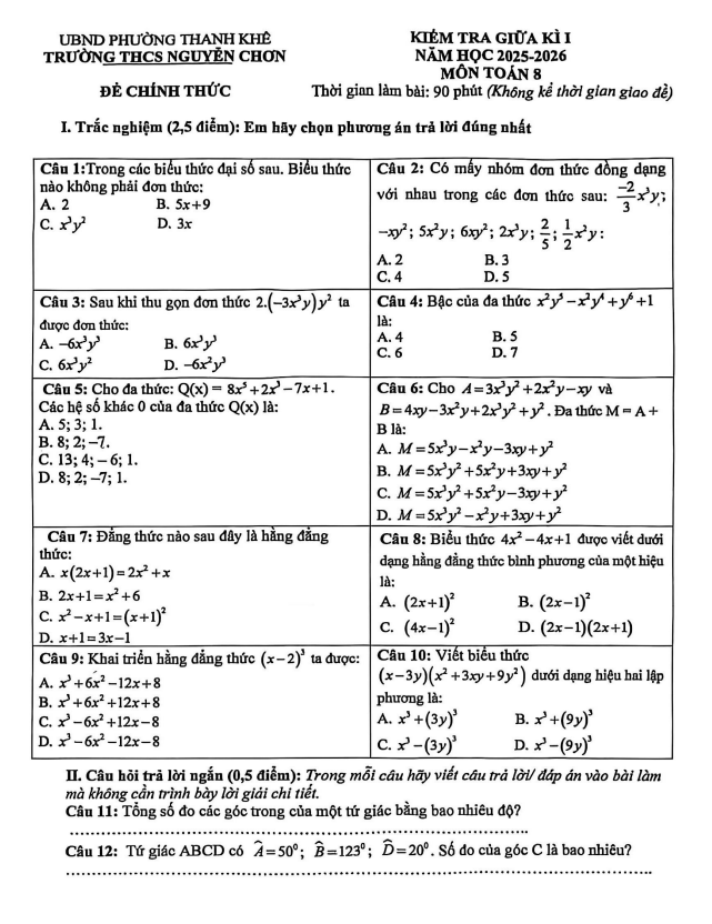đề giữa kì 1 toán 8 năm 2025 – 2026 trường thcs nguyễn chơn – đà nẵng