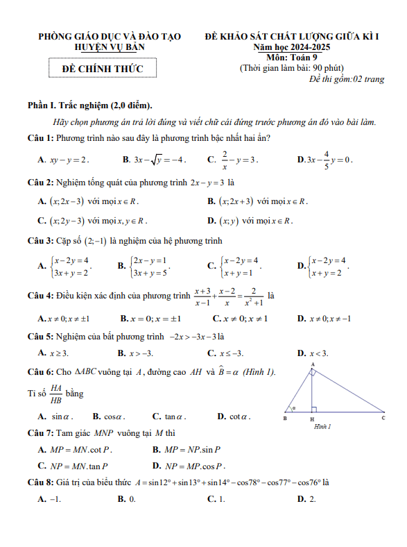 đề giữa kì 1 toán 9 năm 2024 – 2025 phòng gd&đt vụ bản – nam định