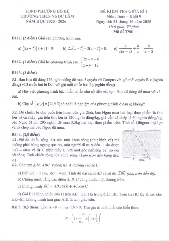 đề giữa kì 1 toán 9 năm 2025 – 2026 trường thcs ngọc lâm – hà nội