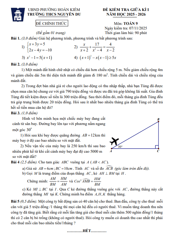 đề giữa kì 1 toán 9 năm 2025 – 2026 trường thcs nguyễn du – hà nội