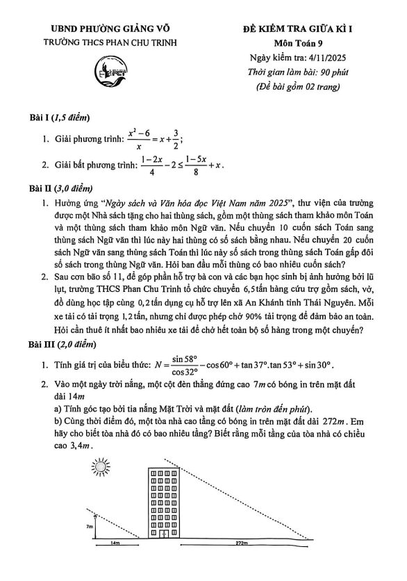 đề giữa kì 1 toán 9 năm 2025 – 2026 trường thcs phan chu trinh – hà nội
