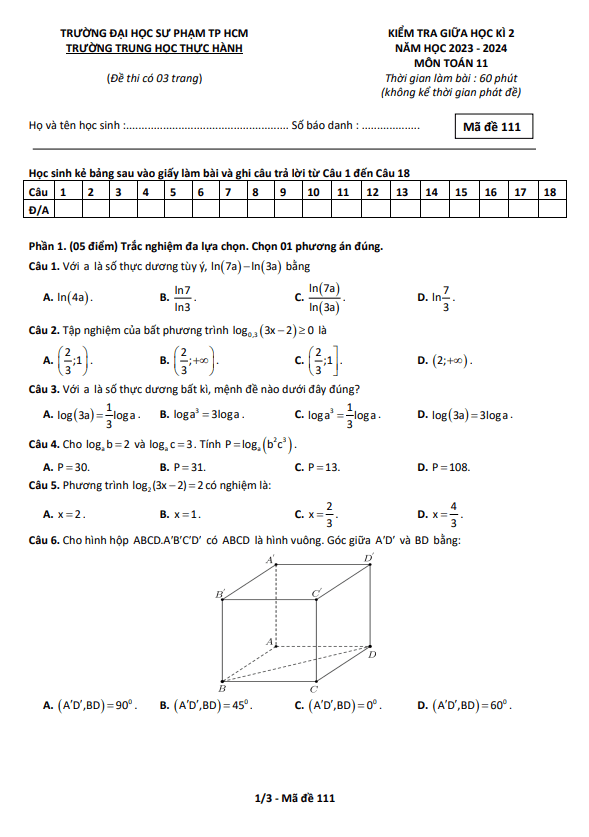 đề giữa kì 2 toán 11 năm 2023 – 2024 trường trung học thực hành đhsp – tp hcm