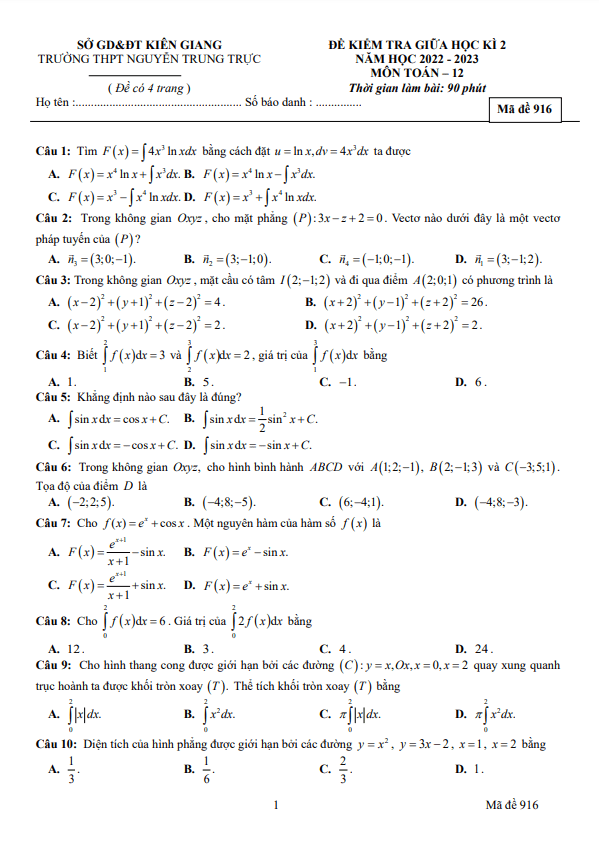 đề giữa kì 2 toán 12 năm 2022 – 2023 trường thpt nguyễn trung trực – kiên giang
