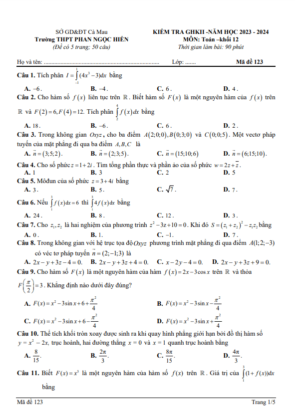 đề giữa kì 2 toán 12 năm 2023 – 2024 trường thpt phan ngọc hiển – cà mau