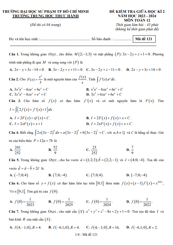 đề giữa kì 2 toán 12 năm 2023 – 2024 trường trung học thực hành đhsp – tp hcm