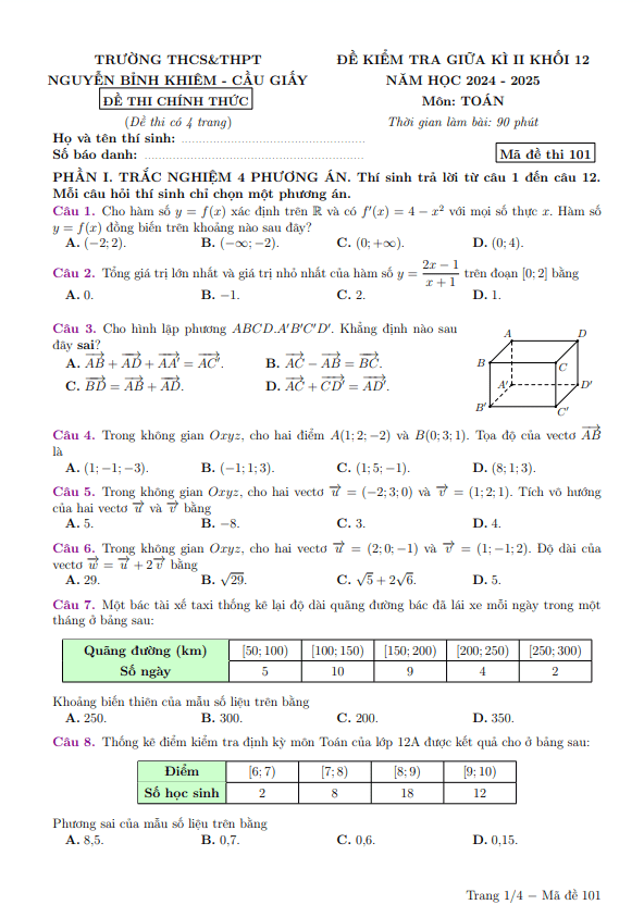 đề giữa kì 2 toán 12 năm 2024 – 2025 trường nguyễn bỉnh khiêm – hà nội