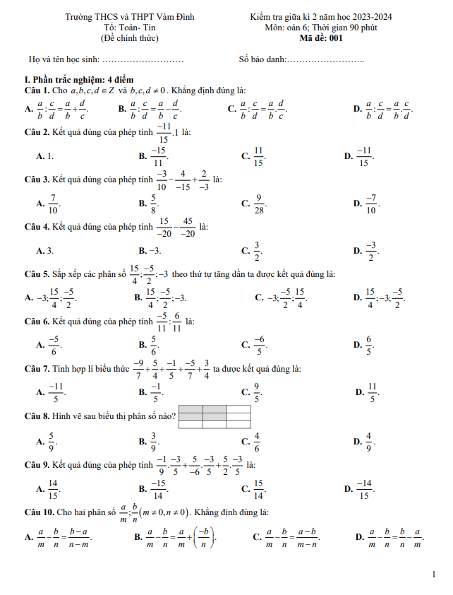 đề giữa kì 2 toán 6 năm 2023 – 2024 trường thcs&thpt vàm đình – cà mau