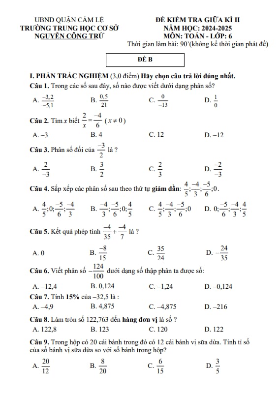 đề giữa kì 2 toán 6 năm 2024 – 2025 trường thcs nguyễn công trứ – đà nẵng