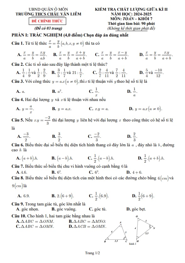 đề giữa kì 2 toán 7 năm 2024 – 2025 trường thcs châu văn liêm – cần thơ