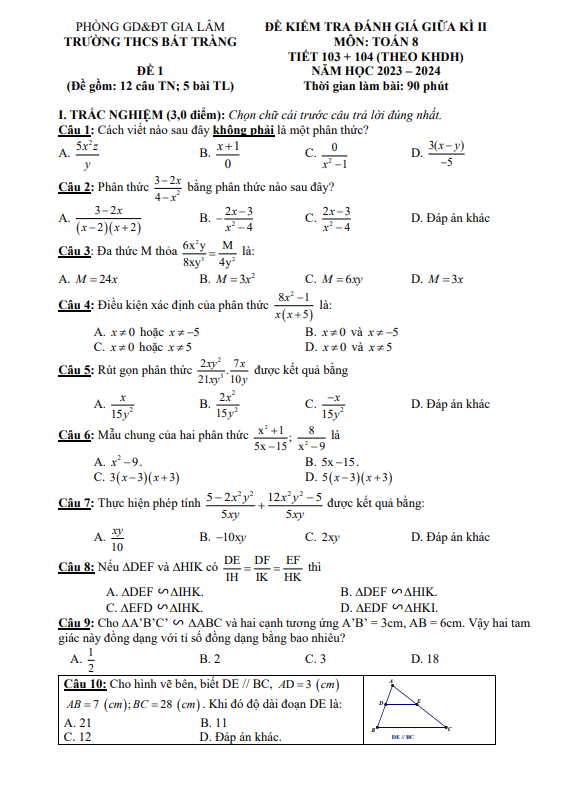 đề giữa kì 2 toán 8 năm 2023 – 2024 trường thcs bát tràng – hà nội