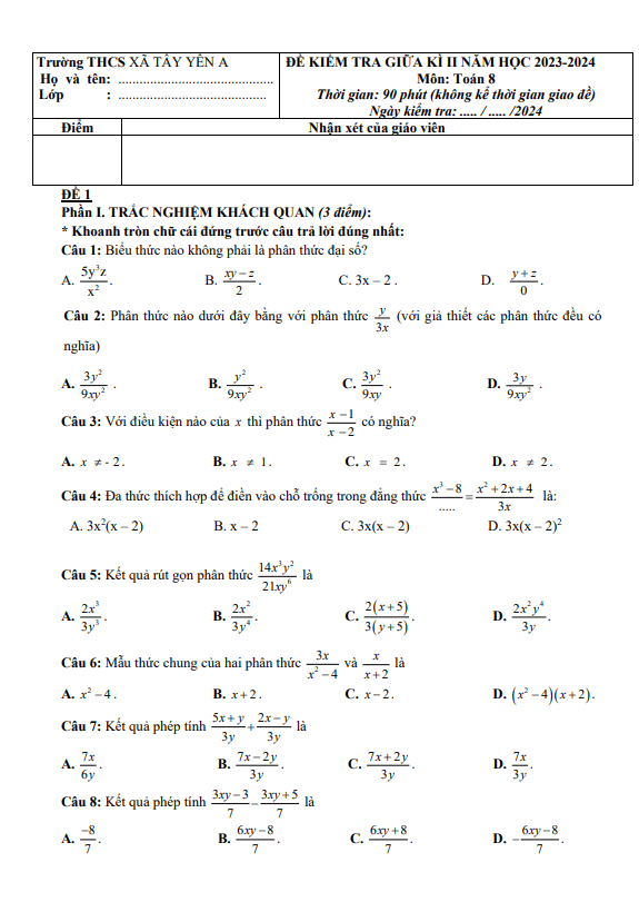 đề giữa kì 2 toán 8 năm 2023 – 2024 trường thcs tây yên a – kiên giang