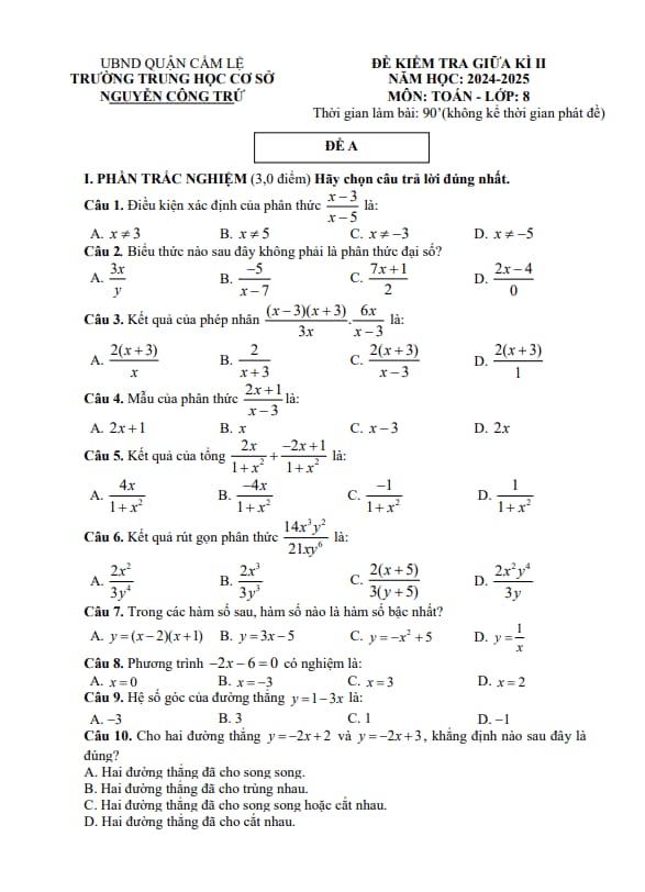 đề giữa kì 2 toán 8 năm 2024 – 2025 trường thcs nguyễn công trứ – đà nẵng
