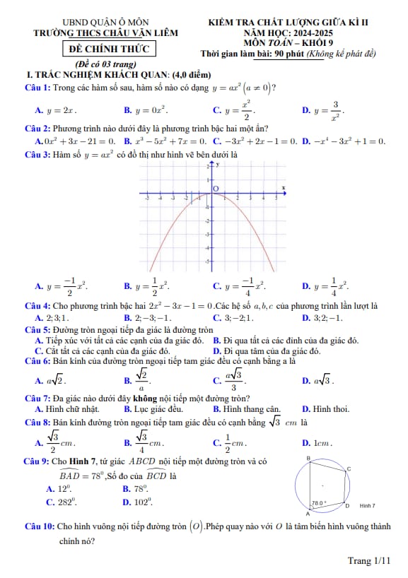 đề giữa kì 2 toán 9 năm 2024 – 2025 trường thcs châu văn liêm – cần thơ