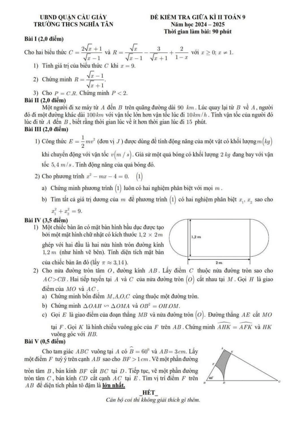 đề giữa kì 2 toán 9 năm 2024 – 2025 trường thcs nghĩa tân – hà nội