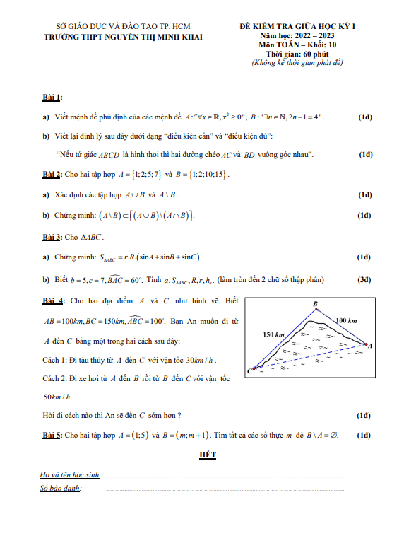 đề giữa kỳ 1 toán 10 năm 2022 – 2023 trường thpt nguyễn thị minh khai – tp hcm