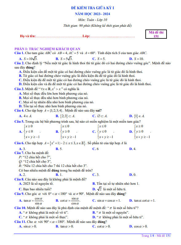 đề giữa kỳ 1 toán 10 năm 2023 – 2024 trường thpt chuyên quốc học huế