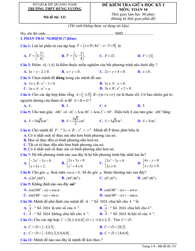 đề giữa kỳ 1 toán 10 năm 2024 – 2025 trường thpt hùng vương – quảng nam