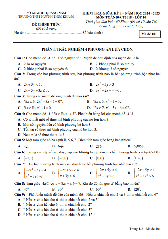 đề giữa kỳ 1 toán 10 năm 2024 – 2025 trường thpt huỳnh thúc kháng – quảng nam