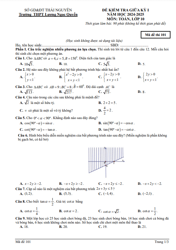 đề giữa kỳ 1 toán 10 năm 2024 – 2025 trường thpt lương ngọc quyến – thái nguyên