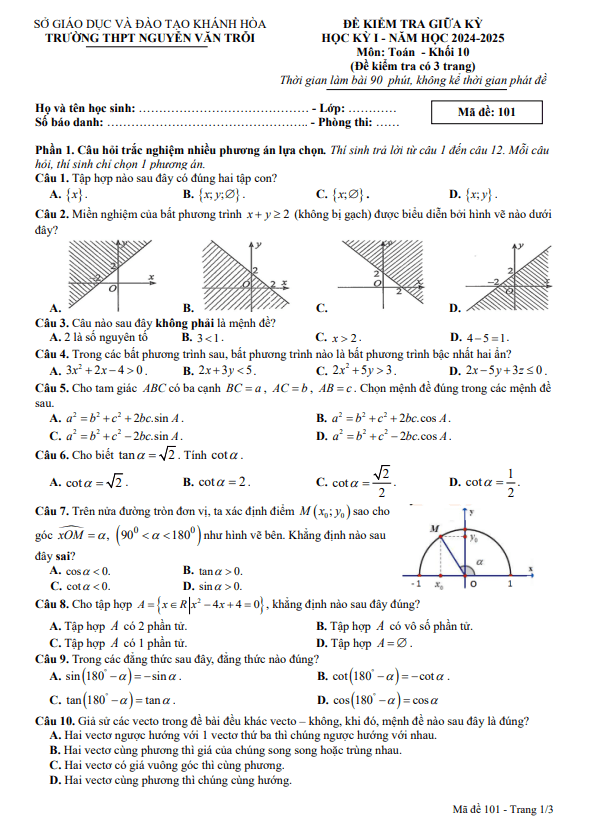đề giữa kỳ 1 toán 10 năm 2024 – 2025 trường thpt nguyễn văn trỗi – khánh hòa
